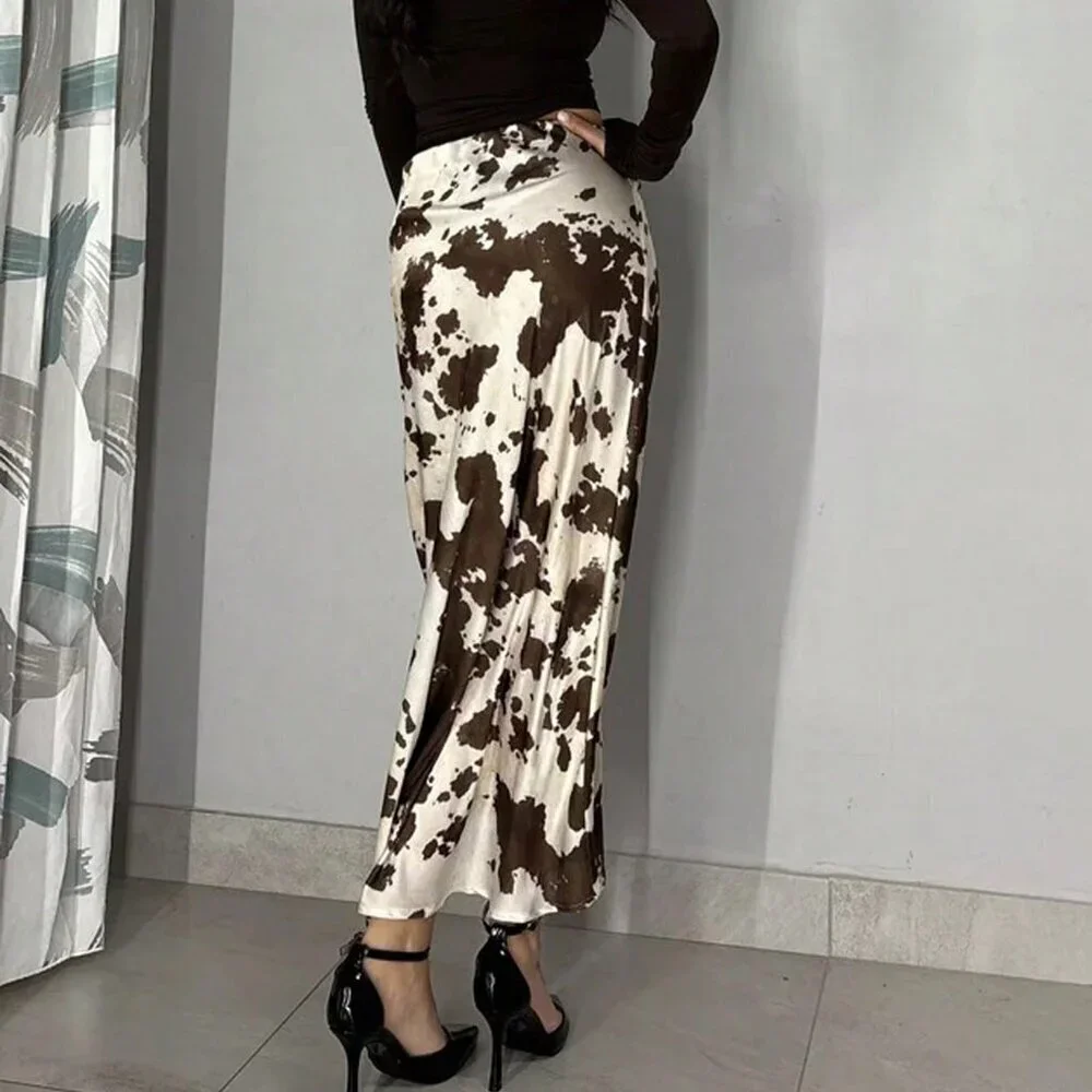 Multicolor Casual Women's Elegant Long Midi Satin Skirts with Animal Print